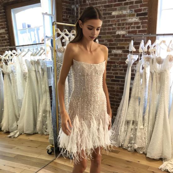 Abito da sera da donna con paillettes, soffice pelliccia, senza maniche, spalle scoperte, attillato, senza schienale, per ballo di fine anno, mini abito da sposa.