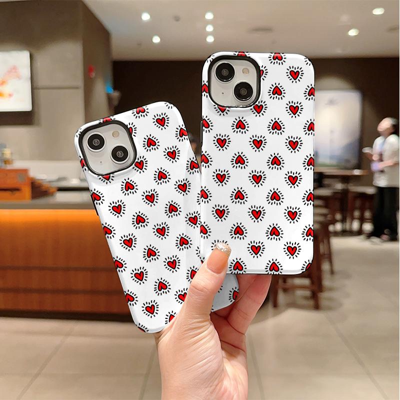 Trendy Kawaii Retro Red Love Heart Hand Drawn Doodle Art Film Aesthetic Protective Phone Case For iPhone 14 15 16 Pro Max Plus Dropproof Bumper Cover