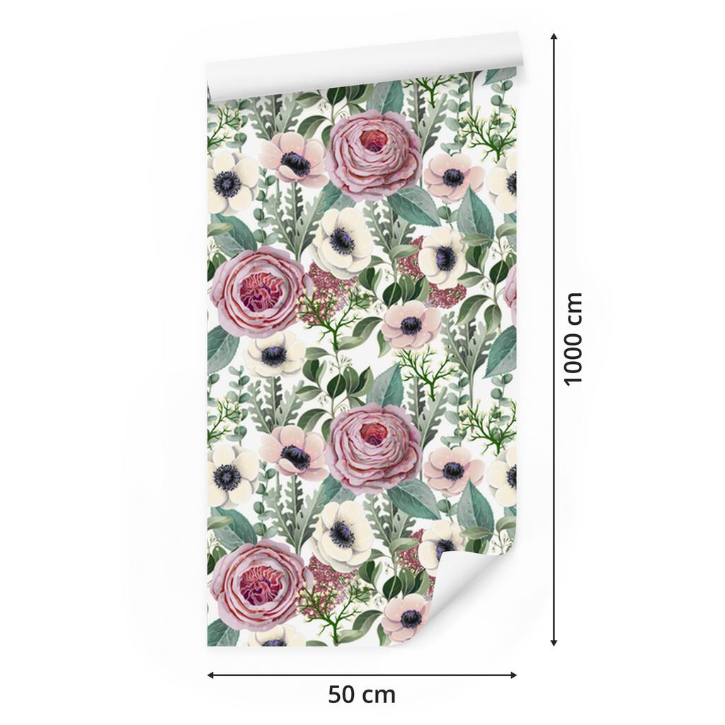 Roses, Anemones and Eucalyptus Leaves Wallpaper for Living Room and Bedroom 50x1000