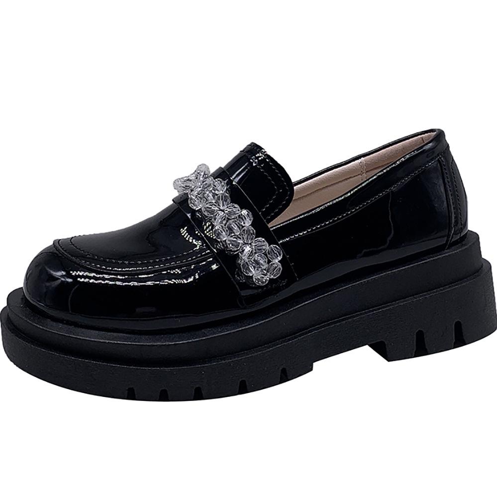 Kleine PU-Lederschuhe Damen Frühling Neue Dicke Sohle Slipper Schuhe Harajuku Stil Kristallblume Einzelne Schuhe Mary Jane Schuhe