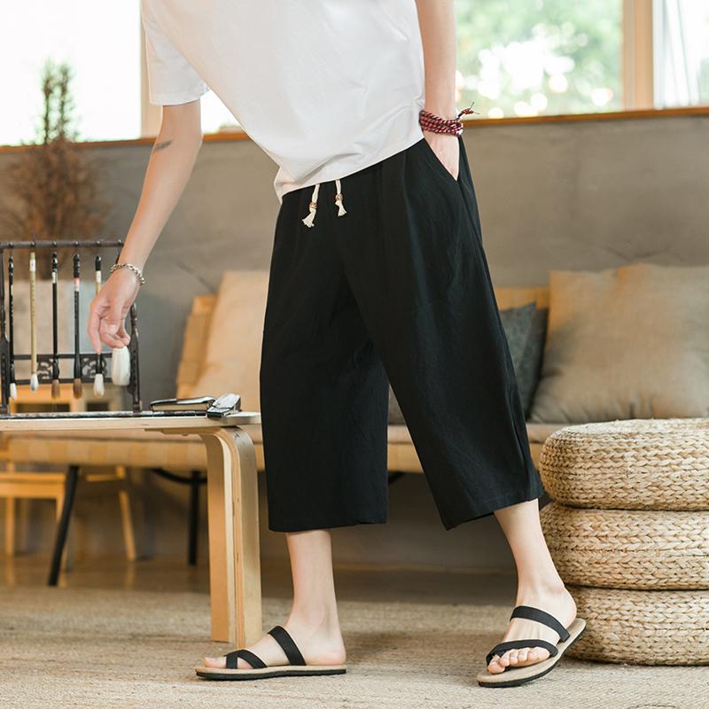 Loose Cotton Linen Men's 7/8 Pants Summer Casual Wide Leg Shorts Breathable Comfortable Loose Fit Male Model Beach Style