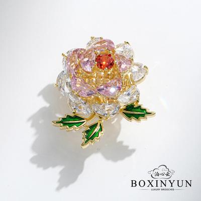 Gold-Plated Copper Camellia Brooch with Enamel & Crystals, Magnetic Buckle Lapel Pin Accessory