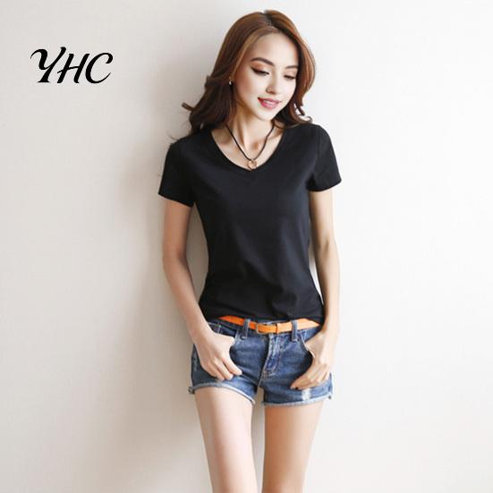 Round Neck Tee Women Summer T-shirt V-neck Short Sleeve Slim Fit Shirt Solid Color Pullover Tops Stretchy Bottoming Streetwear
