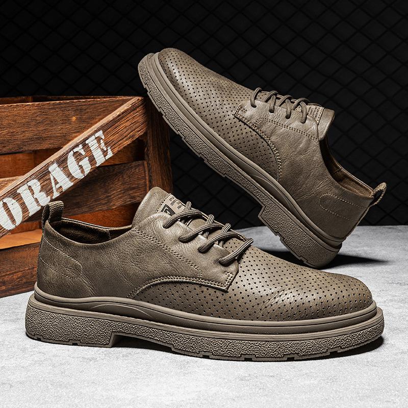 Summer New Leather Punching Breathable Casual Leather Shoes Daily Work Low-top Lace-up British Style Leather Shoes Men's Shoes