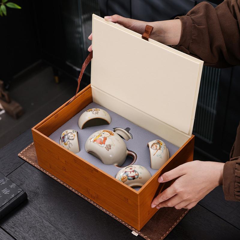 Beige Ru Kiln Kung Fu Tea Set One Pot Four Cups Household High-end Gift Box Office Ceramic Teapot Teacup