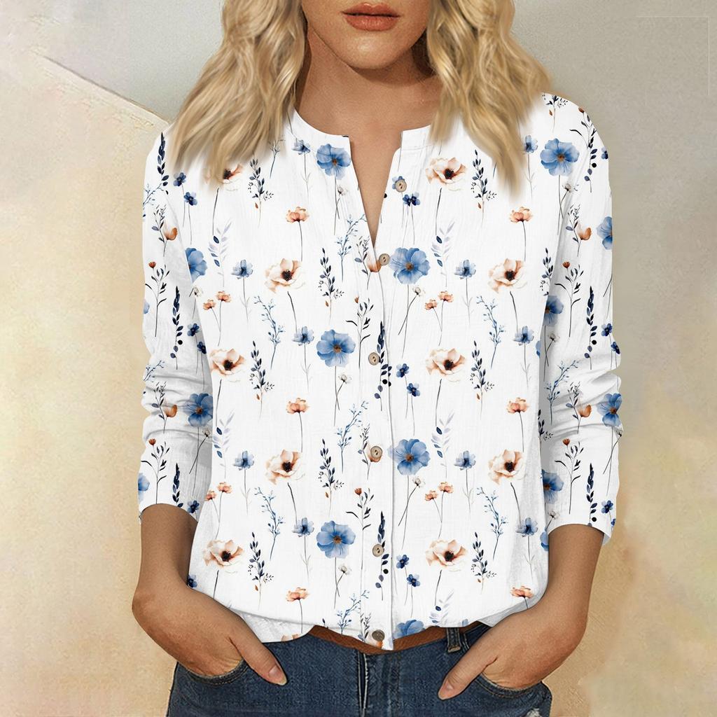 Women's Retro Floral Print Button Down Shirt 3/4 Sleeve Cotton Linen Blouse