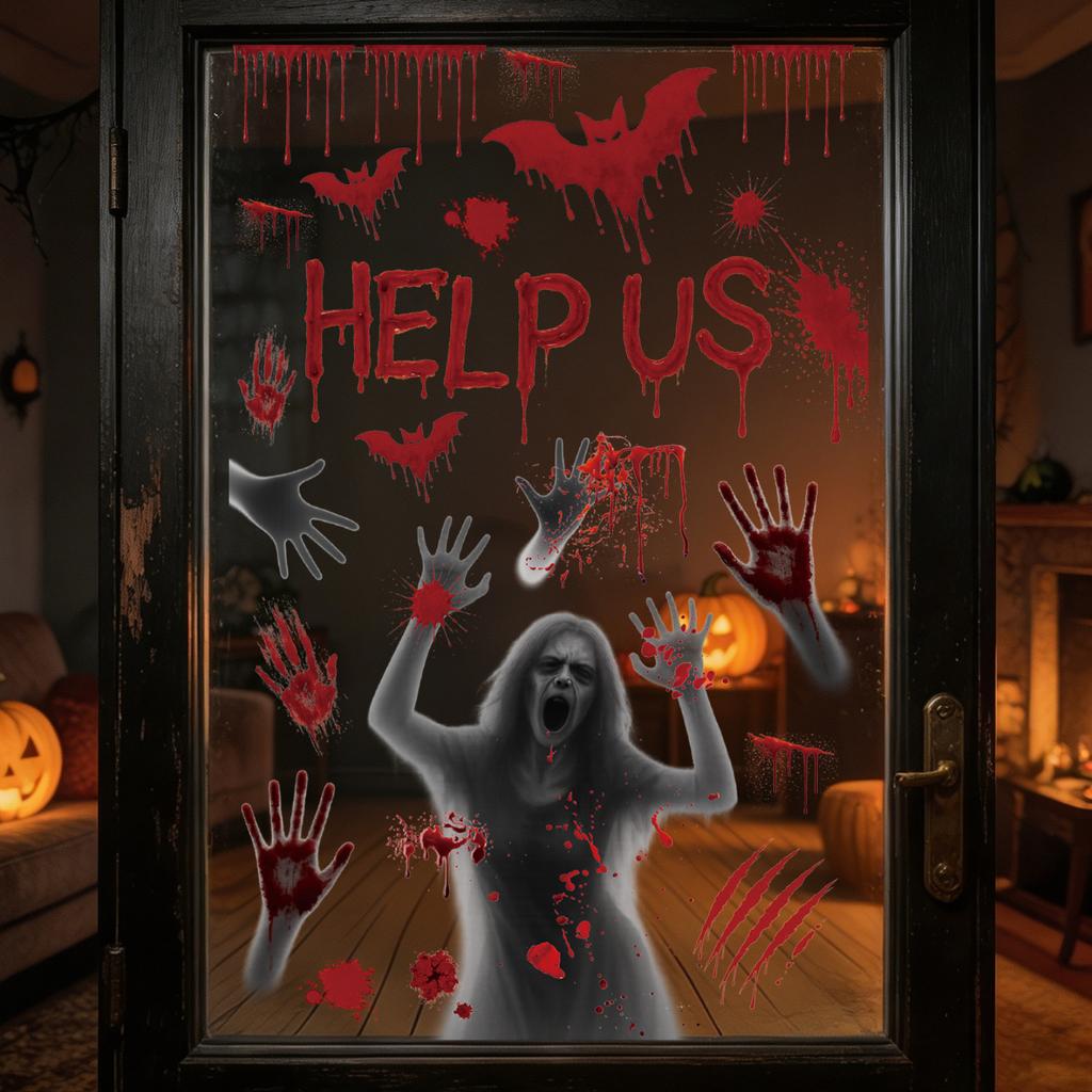 Halloween Electrostatic Window Clings with Scary, Bloody Handprint and Bloodstain Designs, Halloween Window Decals for Party Decorations