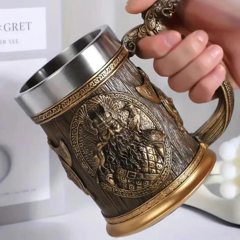 Vintage stainless steel Viking 3D medieval warrior mug, personalized beer and coffee cup, bar decoration and daily gatherings