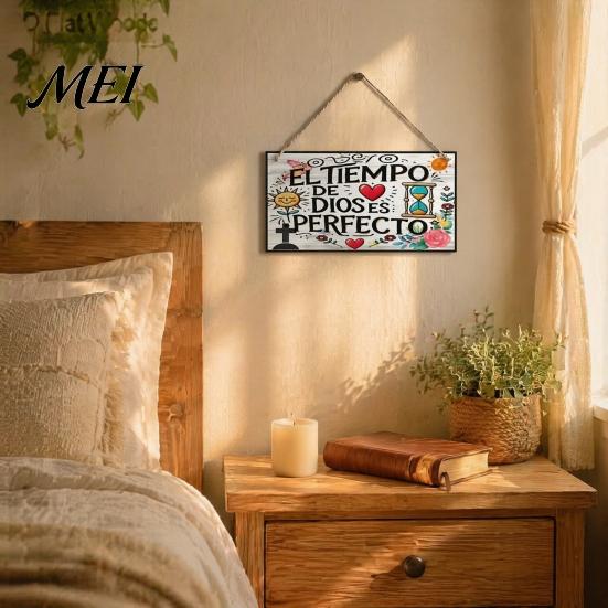 Entrance Wall Hanging Decor Spanish Religious Prayer Ornament with Rose Cross Flower, Inspirational Art Wooden Decorative Pendant for Living