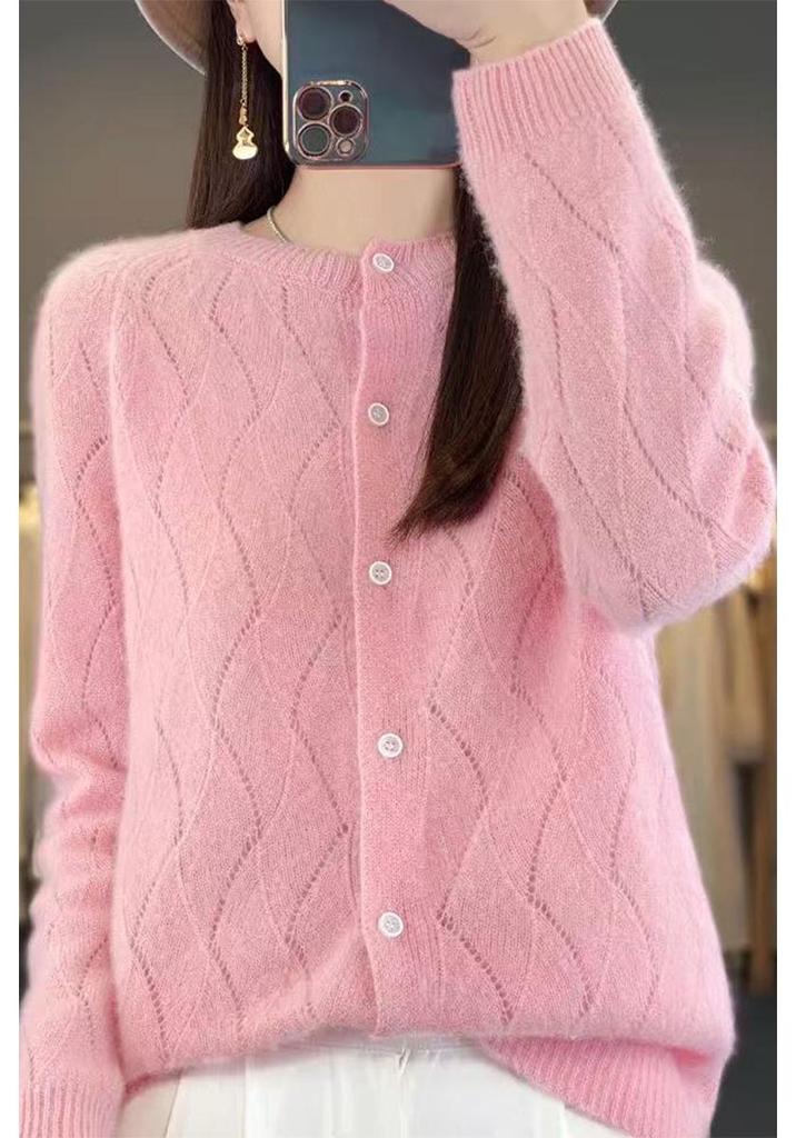 2025 Women's Australian Wool Hollow Twist Knit Cardigan - Round Neck, Buttoned, Loose Fit, Slimming Sweater for Autumn/Winter