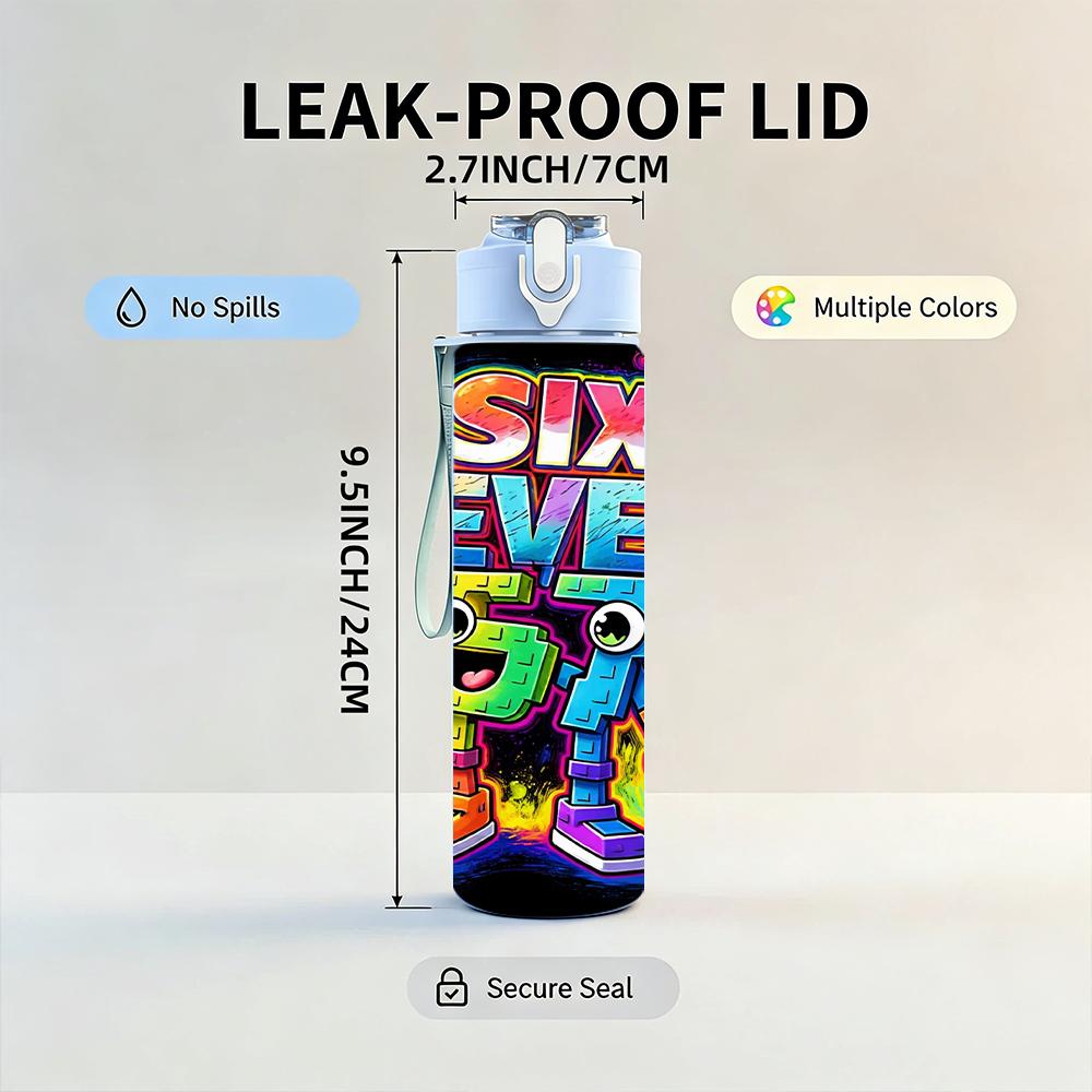 1PC Rainbow Six Seven Bright Graffiti Text 750ml Color Plastic Water Bottle Leakproof Flip Straw Lid For Sports Office Home Use