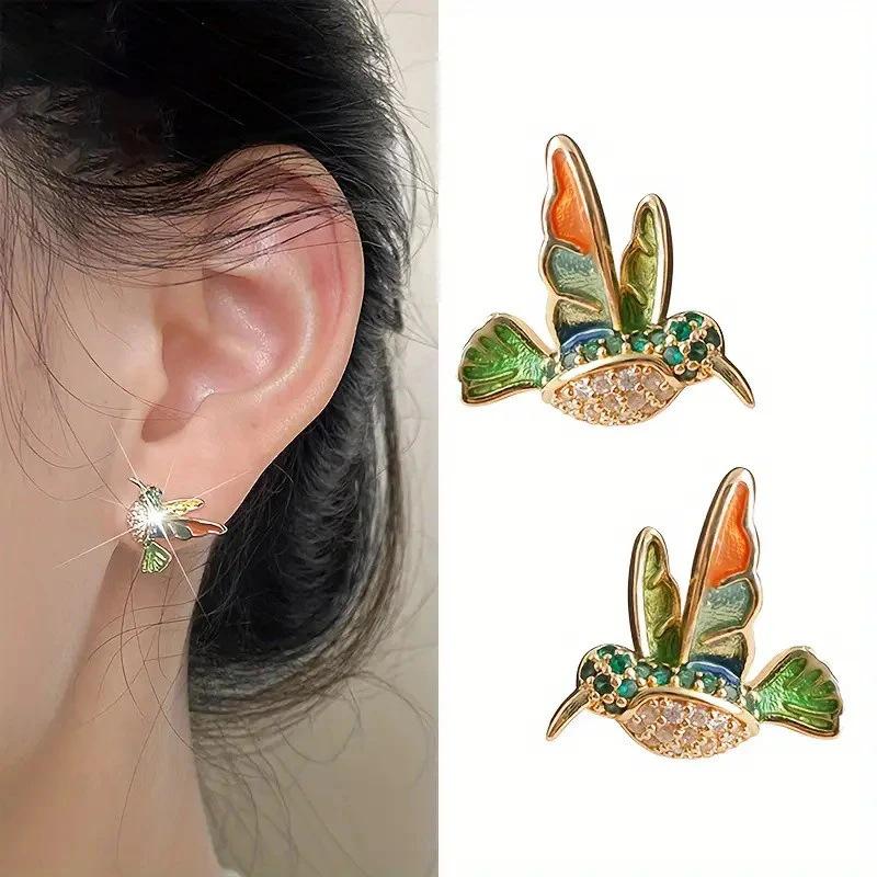 Orecchini Colibrì Smalto Gocciolato Eleganti Orecchini a Bottone da Donna Gioielli Raffinati Accessori da Festa