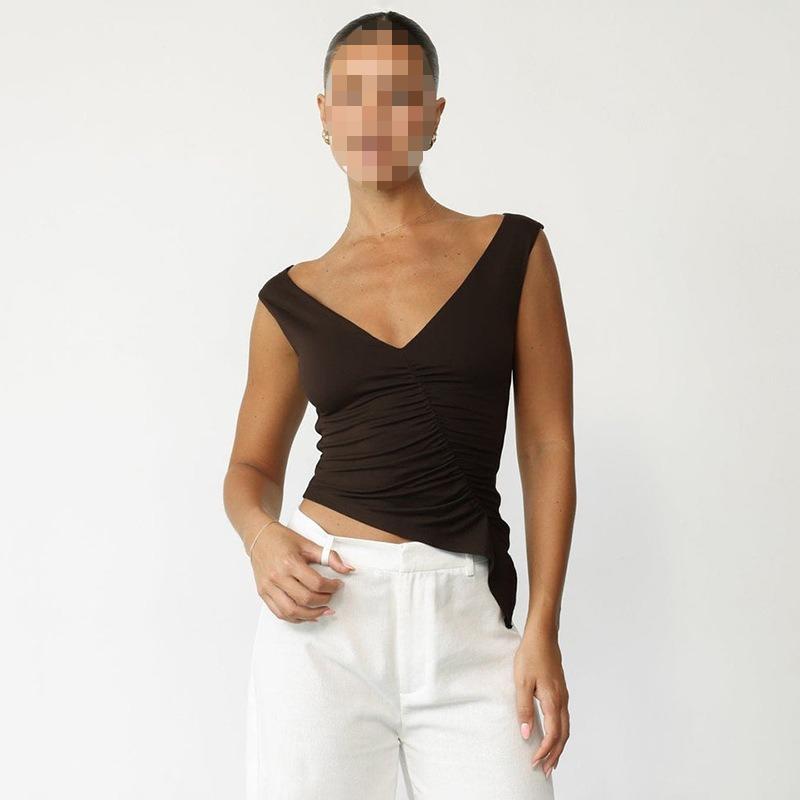 

Summer women s solid color V-neck sleeveless pleated irregular sexy slim fit vest L