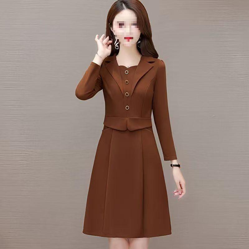 Spring Stylish Buttoned Lapel Dress for Middle-Aged Women: Elegant A-line Midi Skirt, Fake Two-Piece Design