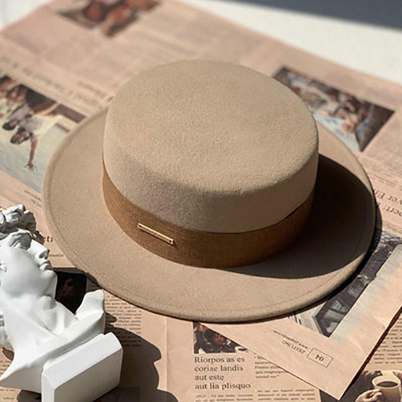 Hat Women's Autumn and Winter Pure Wool Flat-top Flat-brimmed Top Hat British Retro French Elegant Versatile Thermal Hat
