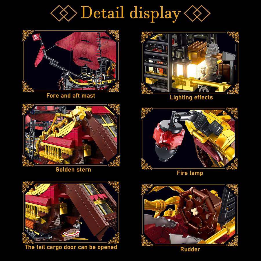 Non-Toxic 2088Pcs Queen Revenge Pirate Ship Building Blocks Models Assembly Toys Small Particle Bricks Game With Lights Gifts Ornaments