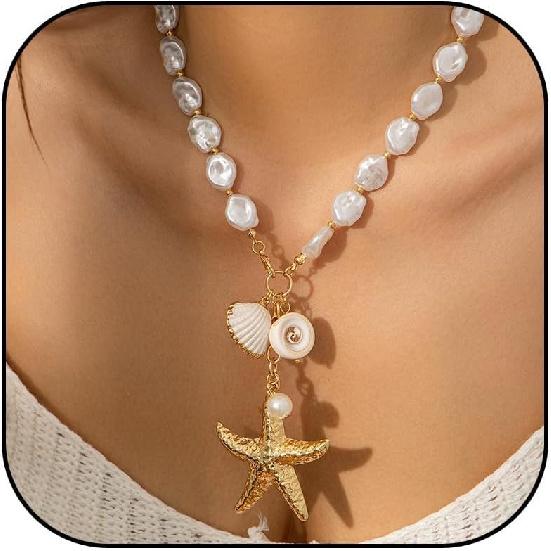Dcfywl731 Starfish Seashell Necklace for Women Shell Pendant Accessories Chunky Gold Beach Jewelry Womens Fashion Accessories Summer Outfits for