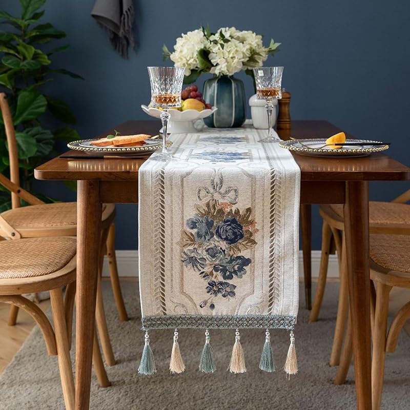 Embroidery Luxury Table Runner, Long Blue Dining Table Runner, Elegant Jacquard Dresser Scarf with Multi-Tassels for Dining Room Party Banquet Table