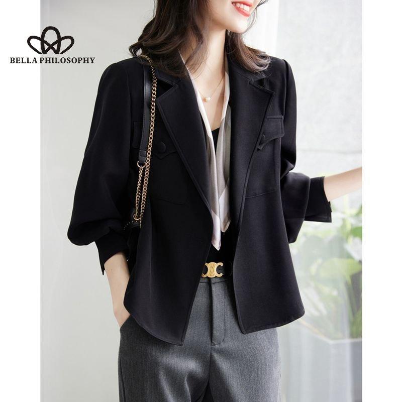 

Повседневная куртка с длинным рукавом, женская осенняя новая корейская версия пиджака, универсальная куртка, свободный укороченный плащ XL чёрный