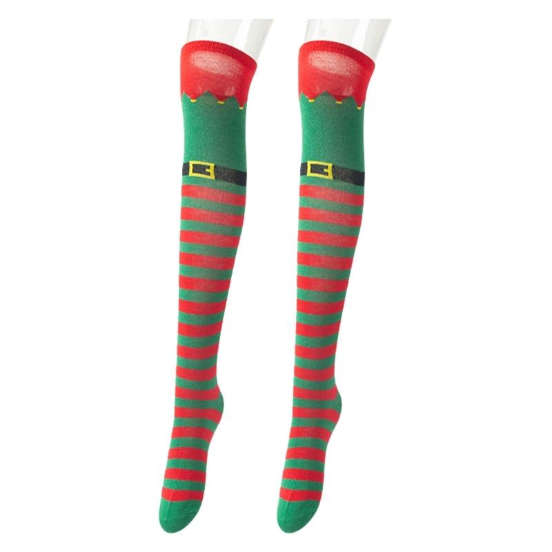Festival Weihnachtselfen Stiefel Gestreifte Oberschenkelhohe Strümpfe für Damen Feiertags-Cosplay-Kostüm Über das Knie Lange Socken