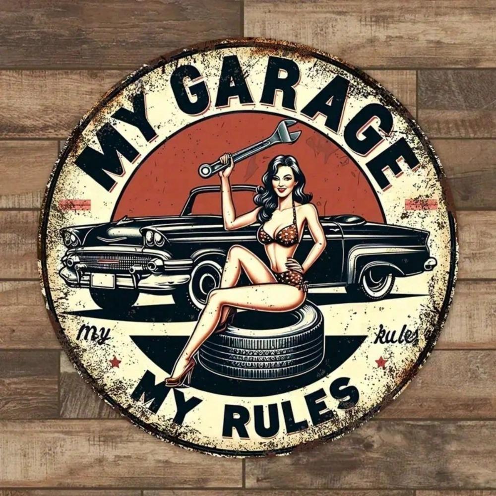 

Vintage My Garage My Rules Round Metal Tin Sign Retro PinUp Girl with Wrench Classic Car Themed Wall Decor Industrial Ar 20x20cm(8x8inch)