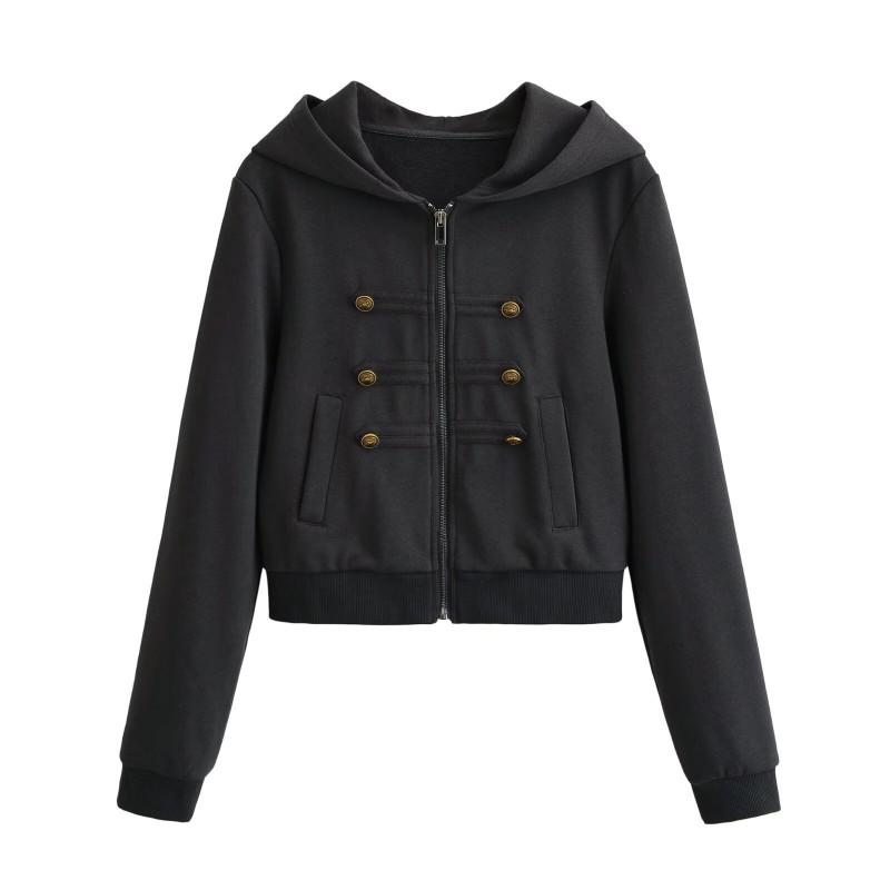 Womens Short Sweet Fresh Jacket Dual Metal Buckle Solid Color Hooded Zip Up Long Sleeve Casual Style