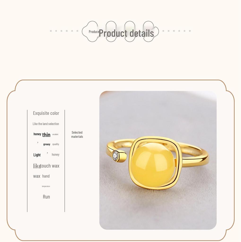 Elegant S925 Silver Amber Beeswax Adjustable Ring - Light Luxury