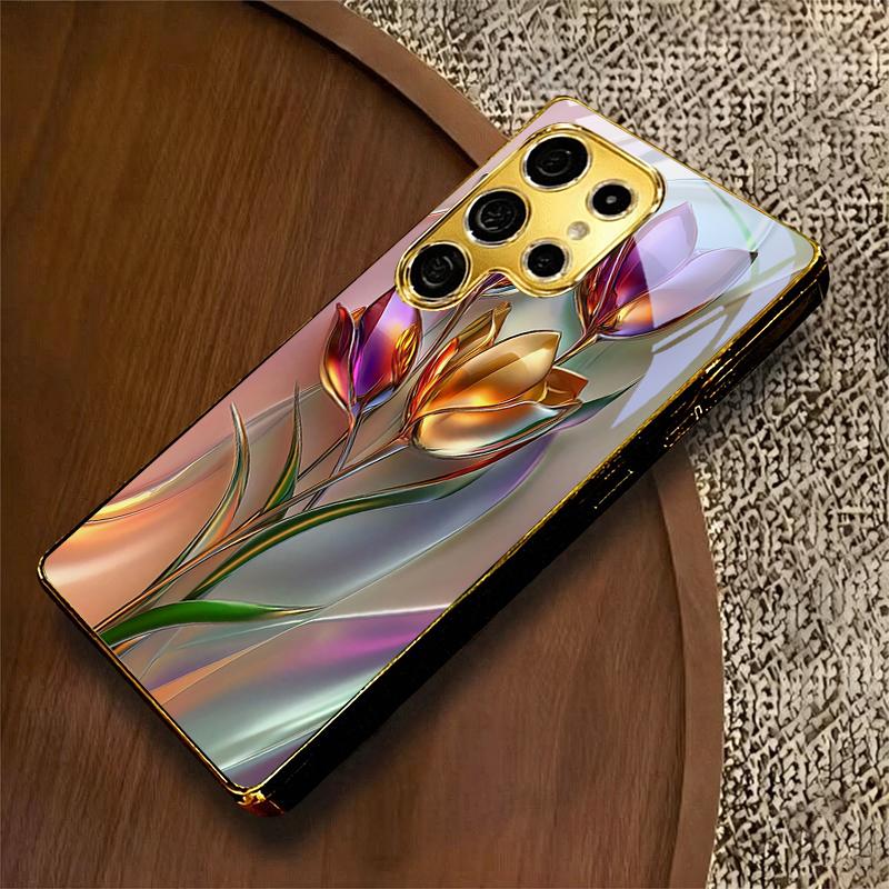 Glossy Metallic Flower Electroplated Golden Phone Case For Samsung S22 Ultra S21 S20 FE S23Plus S24 S25 S26 Note 20 Glass Cover