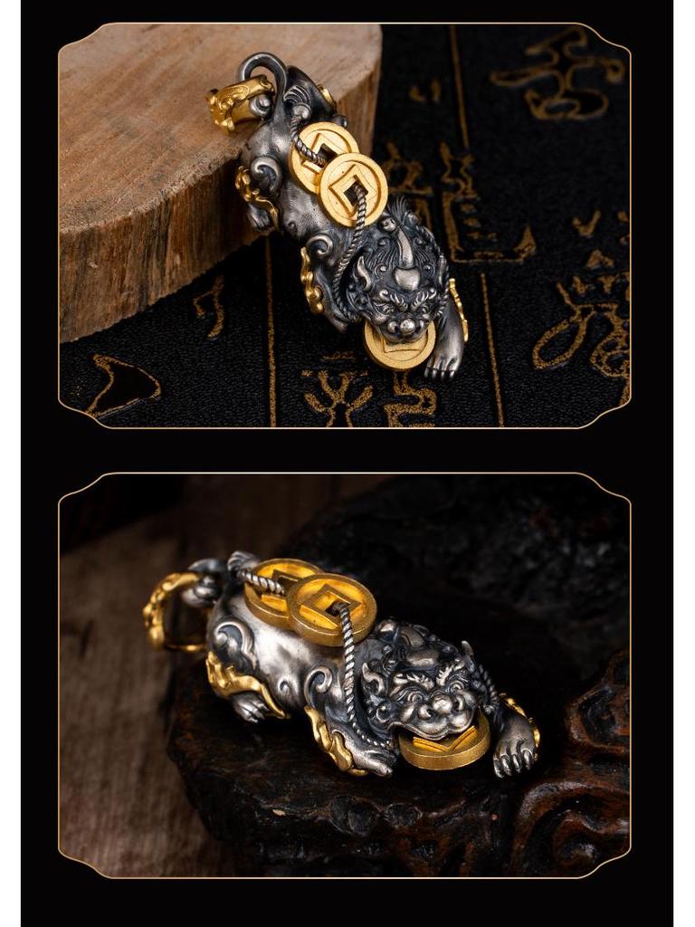 Gold-Plated S925 Sterling Silver Pixiu Pendant with Antiqued Guochao Design for Men and Women