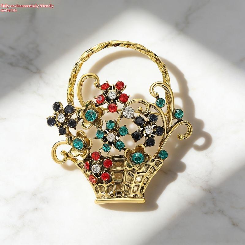 Vintage Beautiful Flower Basket Brooches Alloy Rhinestone Plants Party Casual Brooch Pins Gifts