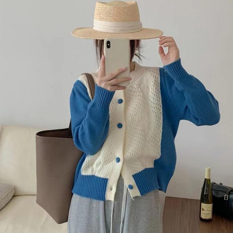 Autumn New Knitted Cardigan Women Contrast Color Chic Korean Fashion Sweater Coat Loose Vintage Clothes
