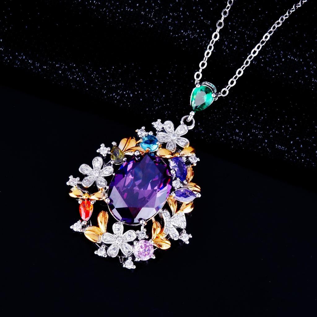 Pingente de jardim secreto artesanal de ouro bicolor italiano, anel de ametista de luxo cheio de diamantes, brincos de flores brilhantes