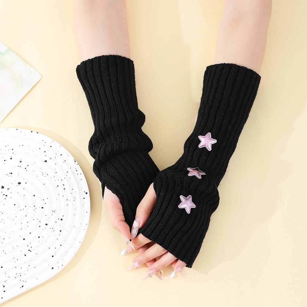 Y2k Fingerless Gloves Women Winter Warm Arm Sleeve Knitted Star Decoration Mitten Casual Long Wrist Mittens Punk Gothic Gloves