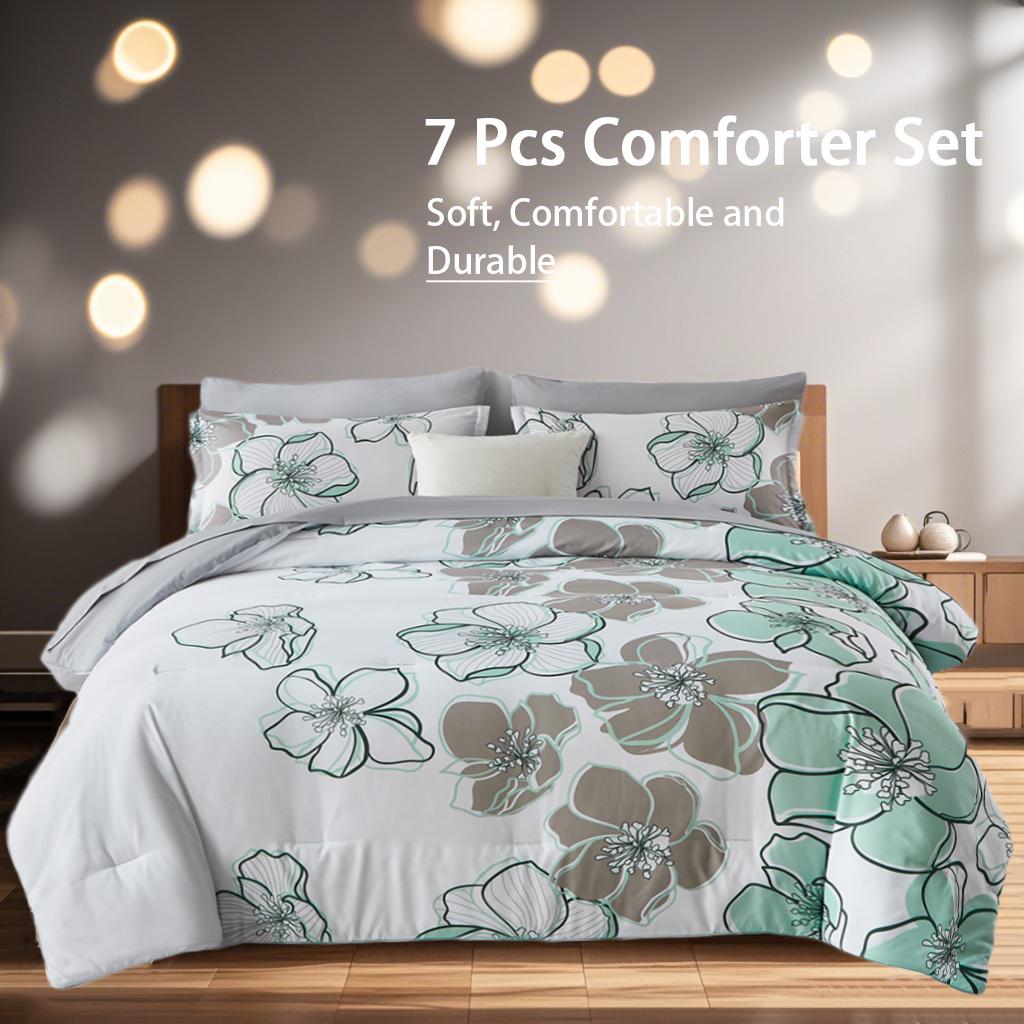 7-Pcs Floral Print Quilt Set, Soft And Comfortable, Bedding Set,  Room Decoration,All Seasons,  Ideal Gift, Queen/King Size