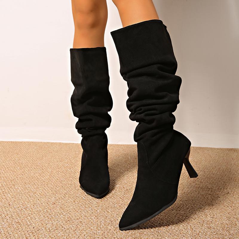 Retro Black Suede Knee High Boots Women 2025 Winter Sexy Pointed Toe High Heel Riding Boots Party Dress Shoes Plus Size