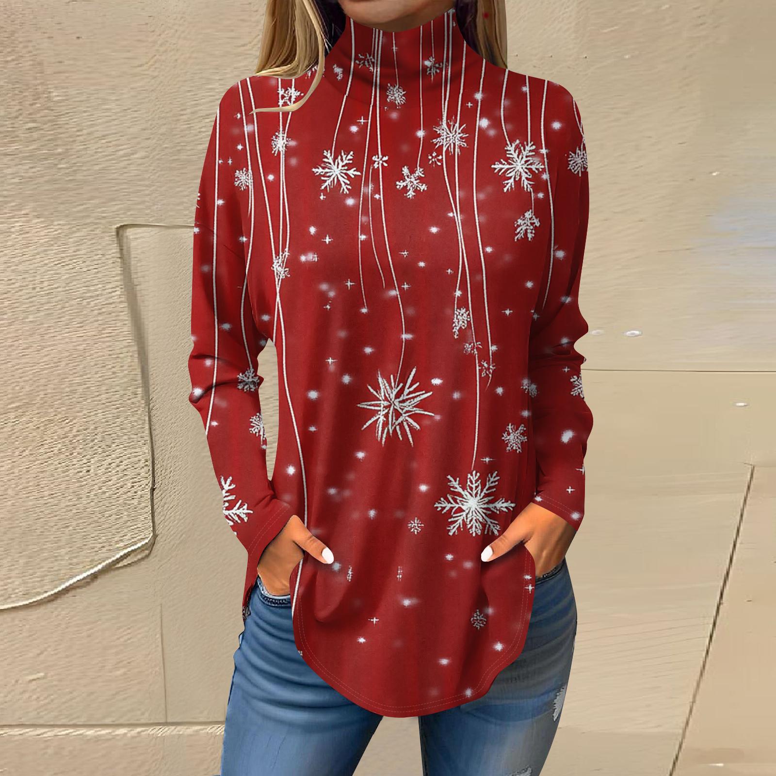 

Женская модная футболка свободного кроя с высоким воротом и рождественским принтом, топ с длинным рукавом L красный