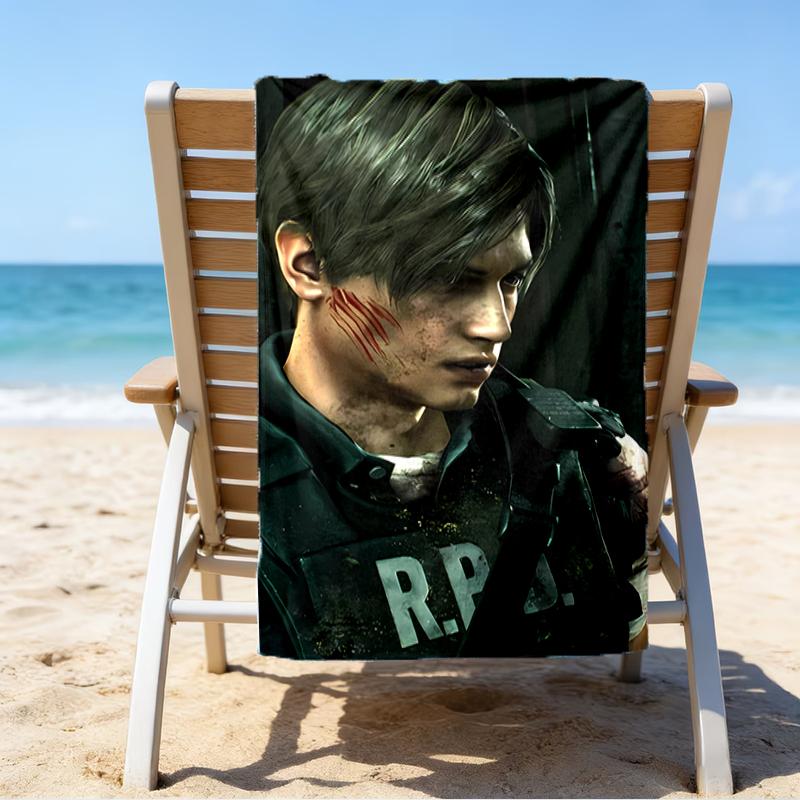 proof beach towel with a Resident Evil Leon S. Kennedy2 pattern - soft,absorbent,quick-drying,machine washable - perfect for swimming,camping,bathing