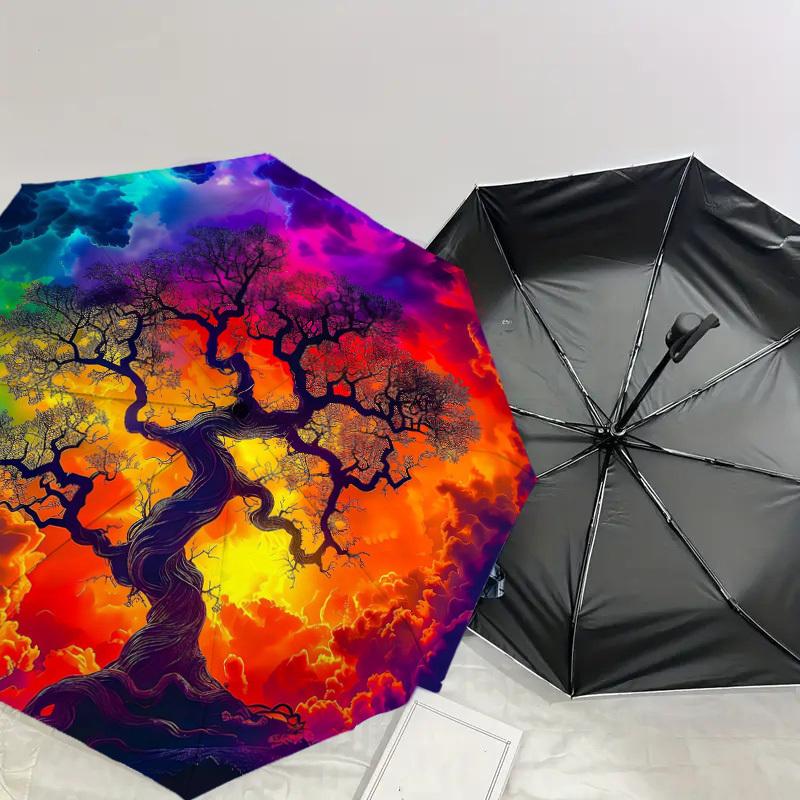 1PC Tree of Life Cosmic Art Pattern Small Travel Automatic Folding Umbrella, Compact Windproof Umbrella, Automatic Open/Close ,Gift-091533