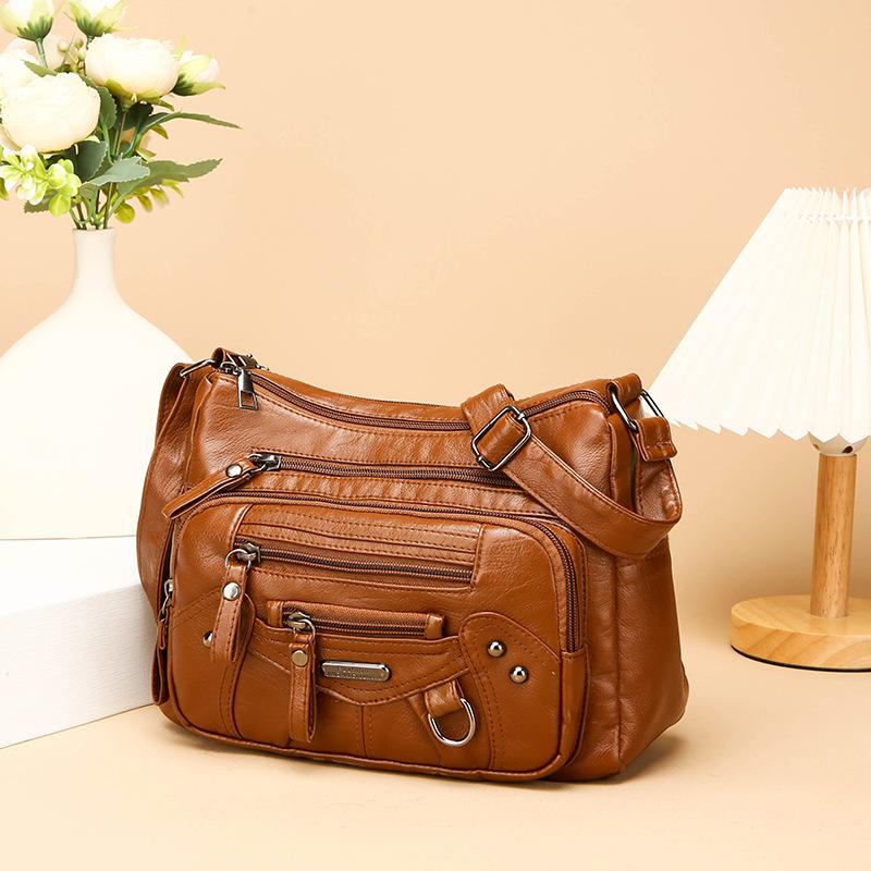 Women's Soft Leather Multi-compartment Multi-pocket Stitching Single Shoulder Messenger Bag