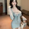 Pure and Sweet Spicy Girl, Spring and Autumn Waist Cinché, Polka Dot Bow, Strapless Tank Top, Long-sleeve Cardigan, Short Skirt Three-piece Set