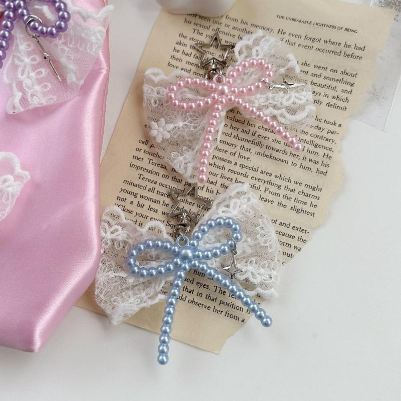 Bead Bow Lace Pearl Keychain INS Style Creative Pendant for Women Purse Handbag Lovely Gift