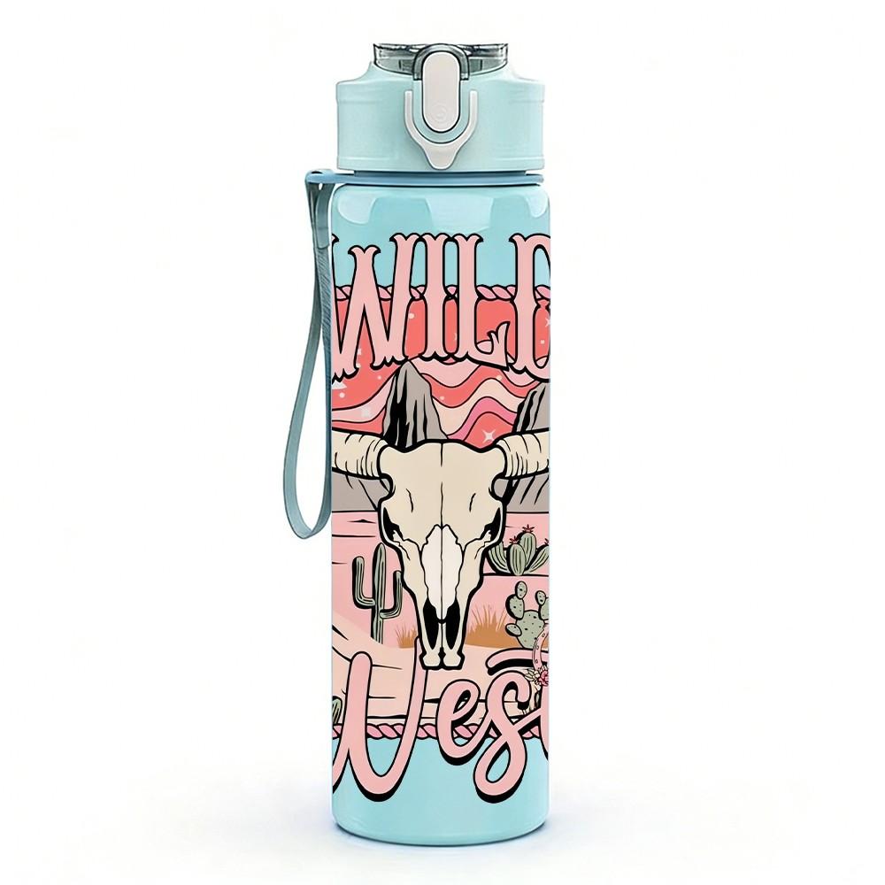 1PC Bull Head Cowboy Badge Vintage Pattern 750ml Color Plastic Sports Water Bottle Leakproof Flip Straw Lid Suitable for Sports Office Home Use