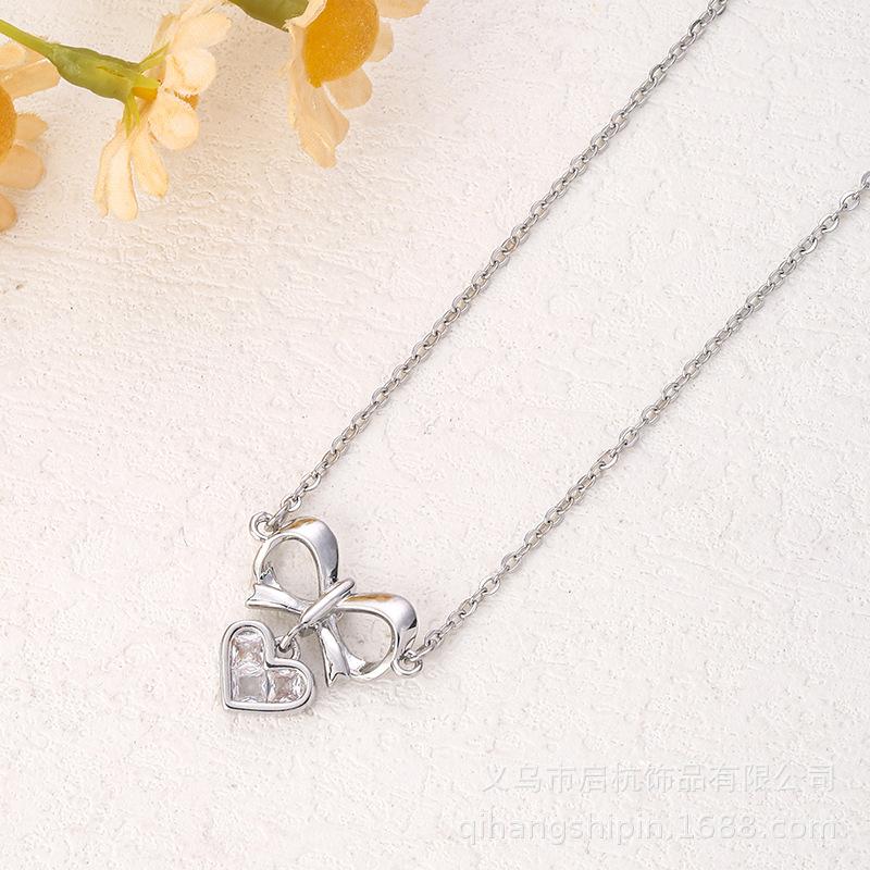 Design Love Bow Necklace Women'S Light Luxury Simple Versatile Zircon Heart Pendant Clavicle Chain