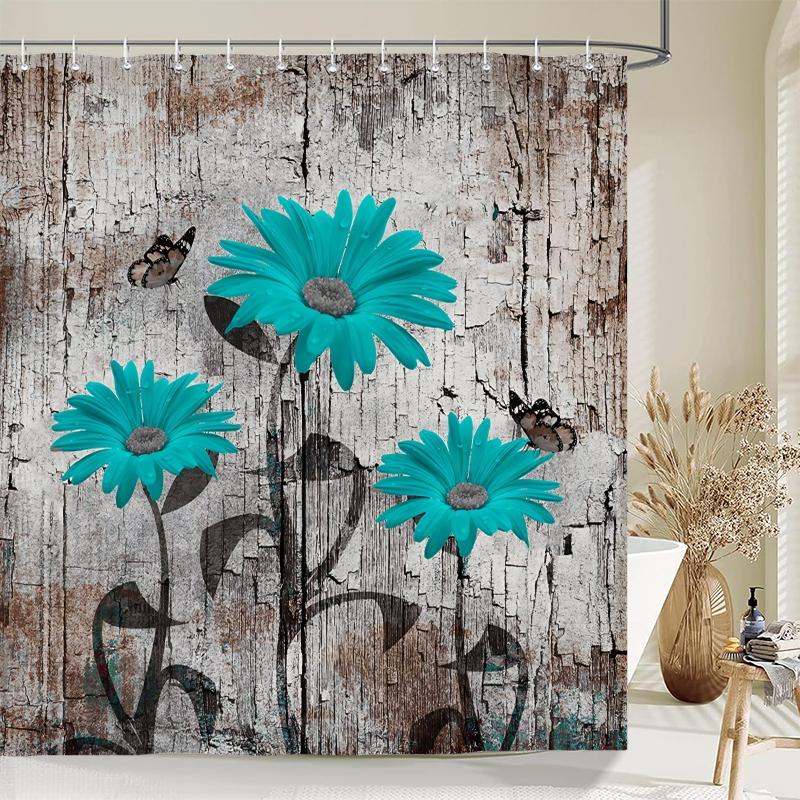 1 Pc Blue Rose Patterned Polyester Material Shower Curtain Waterproof Fabric, Flowers Print Bathroom Curtain Partition Curtain