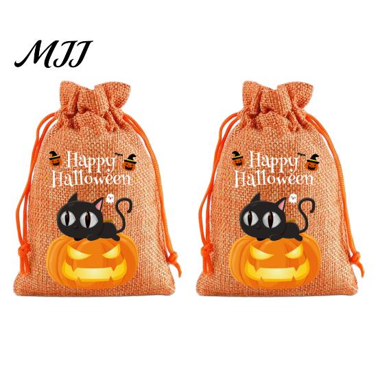 Small Storage for Candies 2Pcs Halloween Pumpkin Drawstring Bags Candy Treats, Retro Burlap Pattern Party Favors Trick or Treat Bags, Portable Goodie