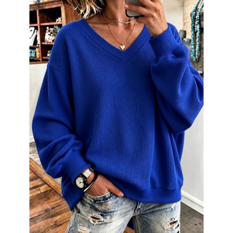 Women S Waffle Knit V Neck Long Sleeve Loose Casual Sweatshirt