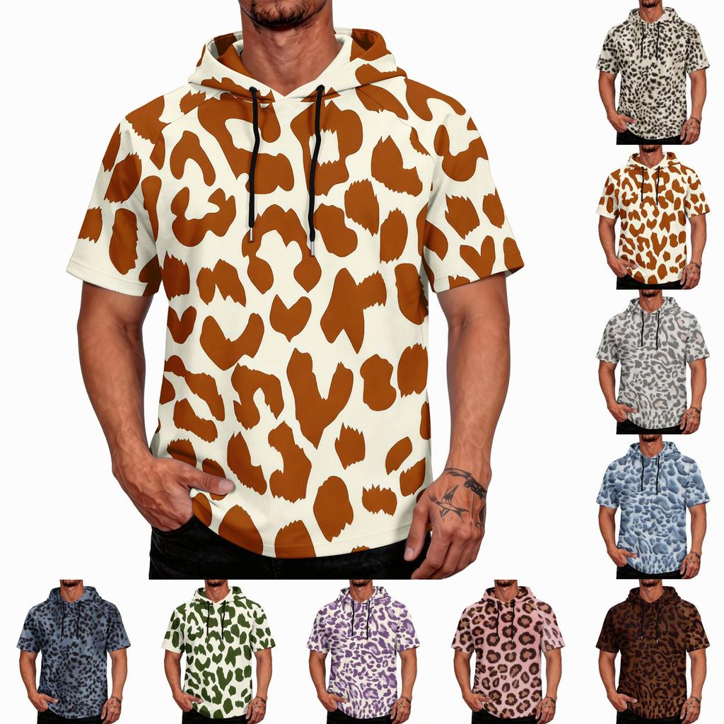 Men's Leopard Print Raglan Hoodie, Short Sleeve Casual Fishing Top, Breathable Outdoor Sports T-Shirt