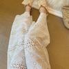 Off-White Lace Wide-Leg High-Waist Pants for Women – Fairy Vacation Style, Slimming, Casual Cotton