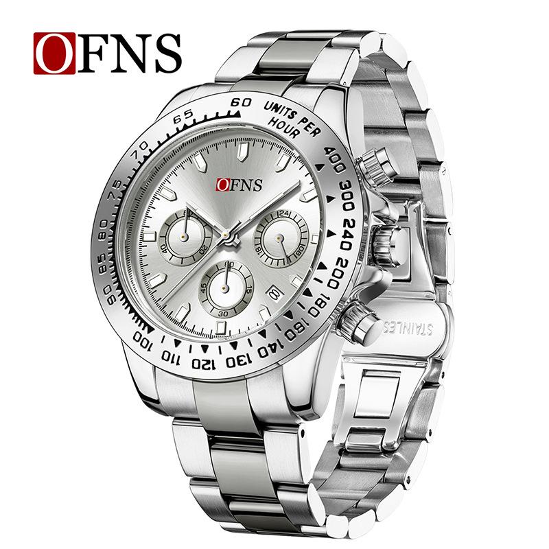 OFNS Men's Quartz Watch: Fashionable Business Design, Six-Hand Dial, Calendar, Solid Steel Band, Waterproof.