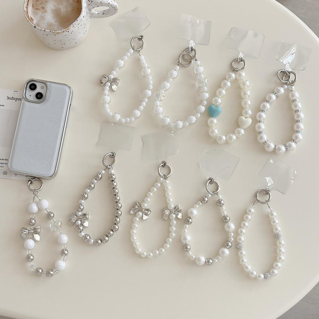 INS Korean Style Sweet Beaded Pearl Bowknot Phone Chain Pendant Bracelet Key Ring Bag Pendant Trendy